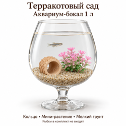 Аквариум-бокал 1 л «Терракотовый сад» с глиняным кольцом, розово-зелёным растением и мелким грунтом — вид спереди