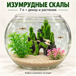 Круглый аквариум 7 л «Изумрудные скалы» со скальным декором и растениями
