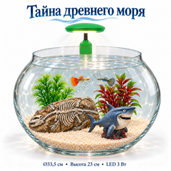 Круглый аквариум «Тайна древнего моря» с декором и LED057 на заднем бортике
