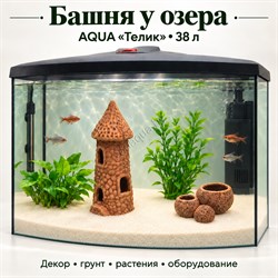 Аквариум Aqua «Телик» 38 л «Башня у озера» с глиняным декором, растениями и включённым освещением