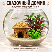 Круглый аквариум 5,5 л «Сказочный домик» с домиком №141 и двумя растениями