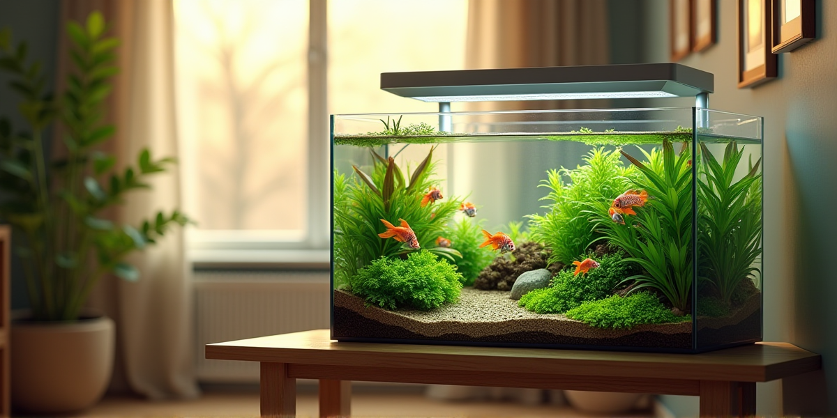 Компактный нано-куб с креветками и живыми растениями на письменном столе