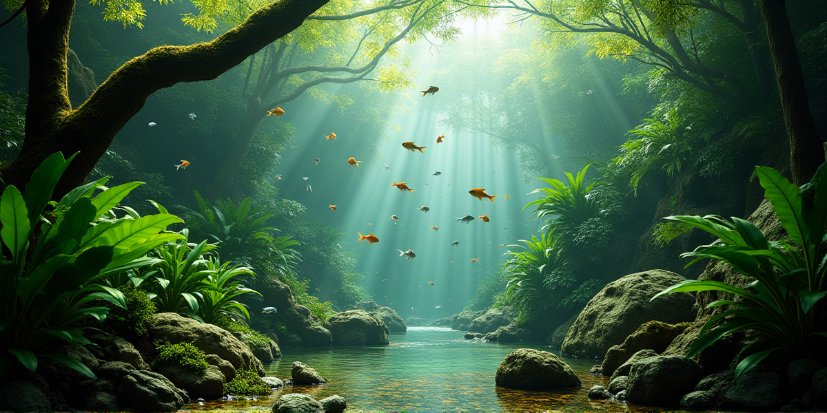 Профессионально оформленный аквариум биотоп Амазонки с корягами и темной водой