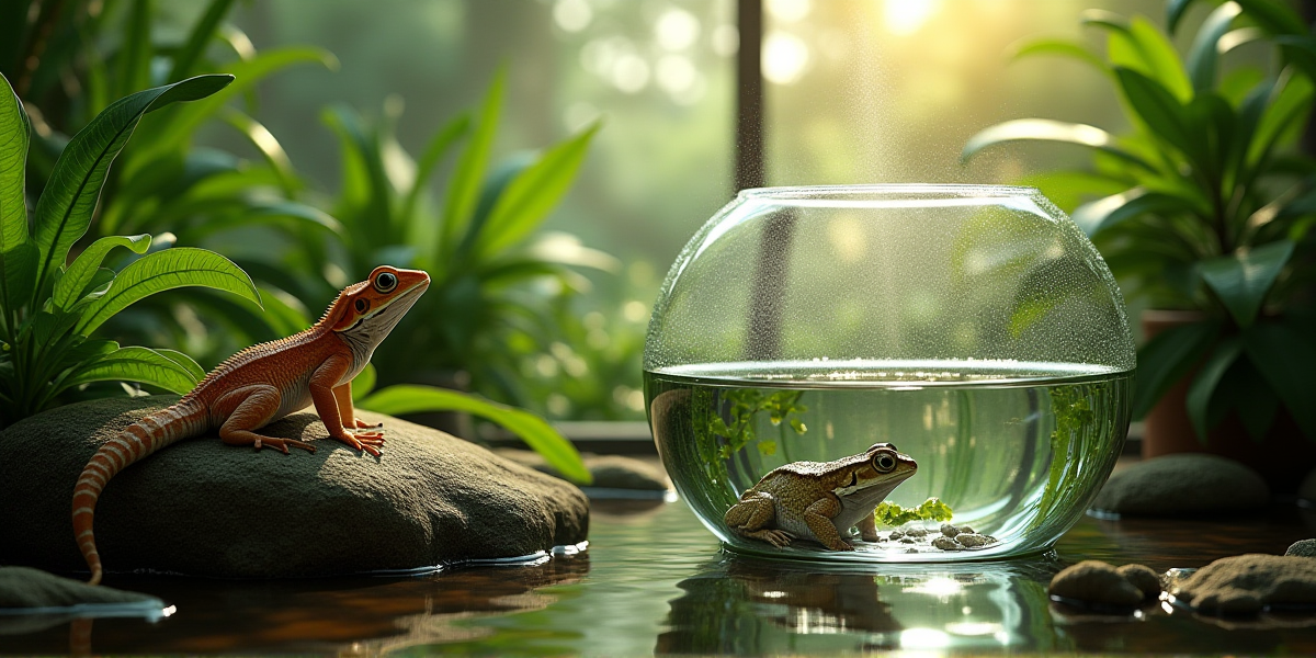 Процесс обслуживания террариума: опрыскивание растений, проверка показаний гигрометра и уборка пинцетом