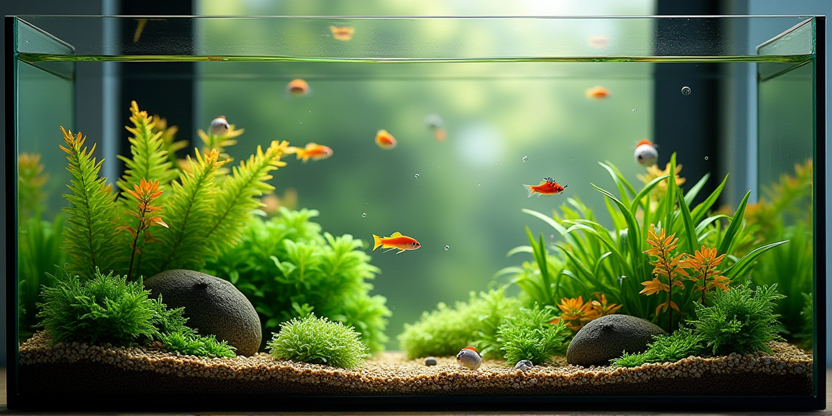 Стильный нано-аквариум на рабочем столе с петушком и живыми растениями