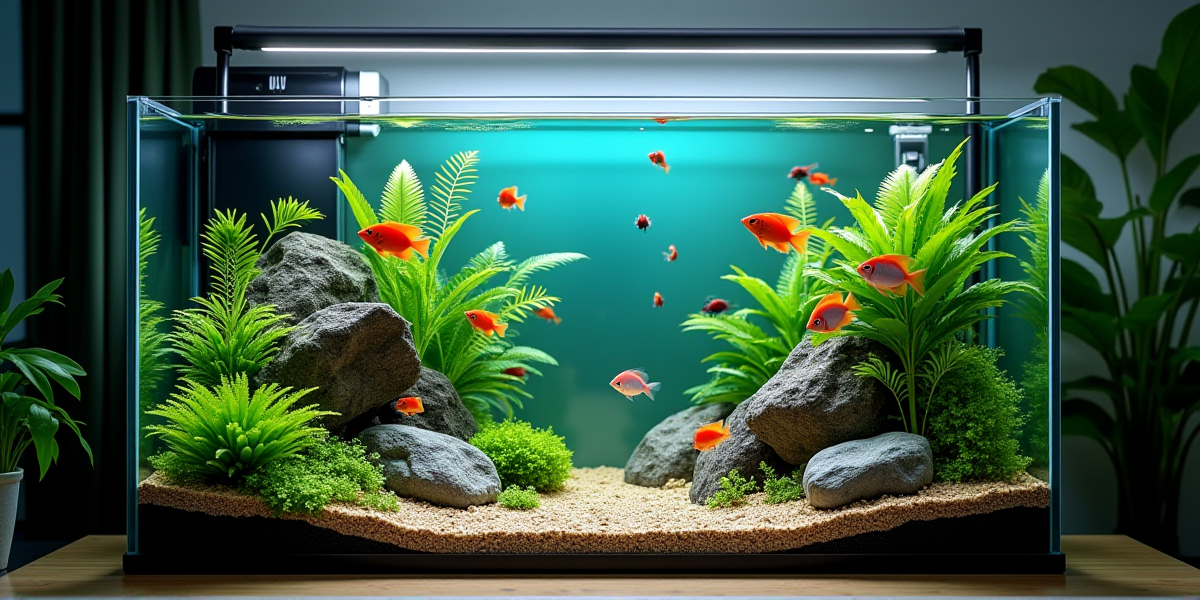 Классический прямоугольный аквариум на 150 литров с пышными растениями и стайкой рыб в интерьере
