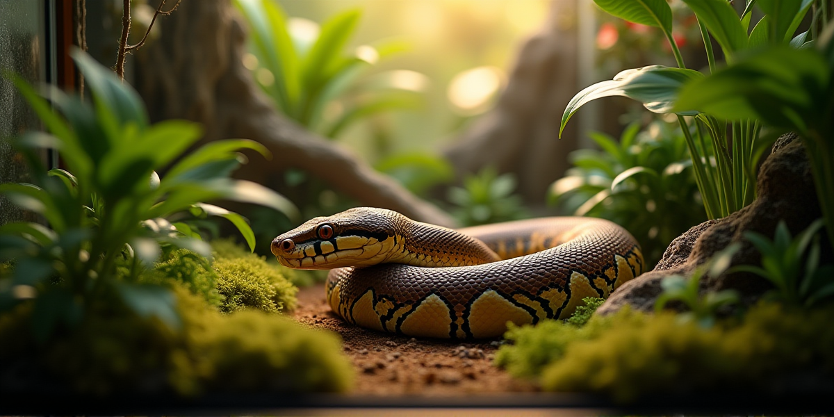 Взрослый королевский питон природного окраса в террариуме на коряге