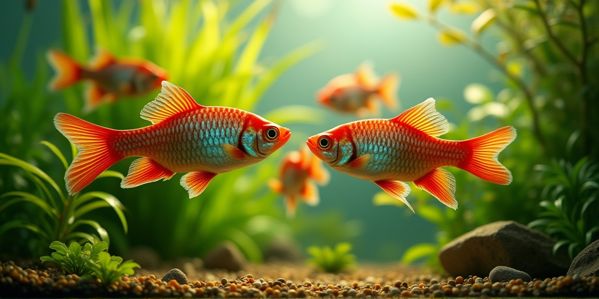 Стая активных суматранских барбусов в аквариуме с живыми растениями