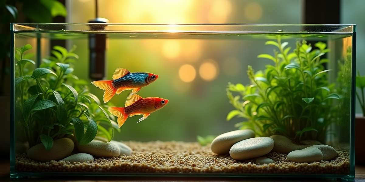 Яркая стайка самцов гуппи разных пород в травнике