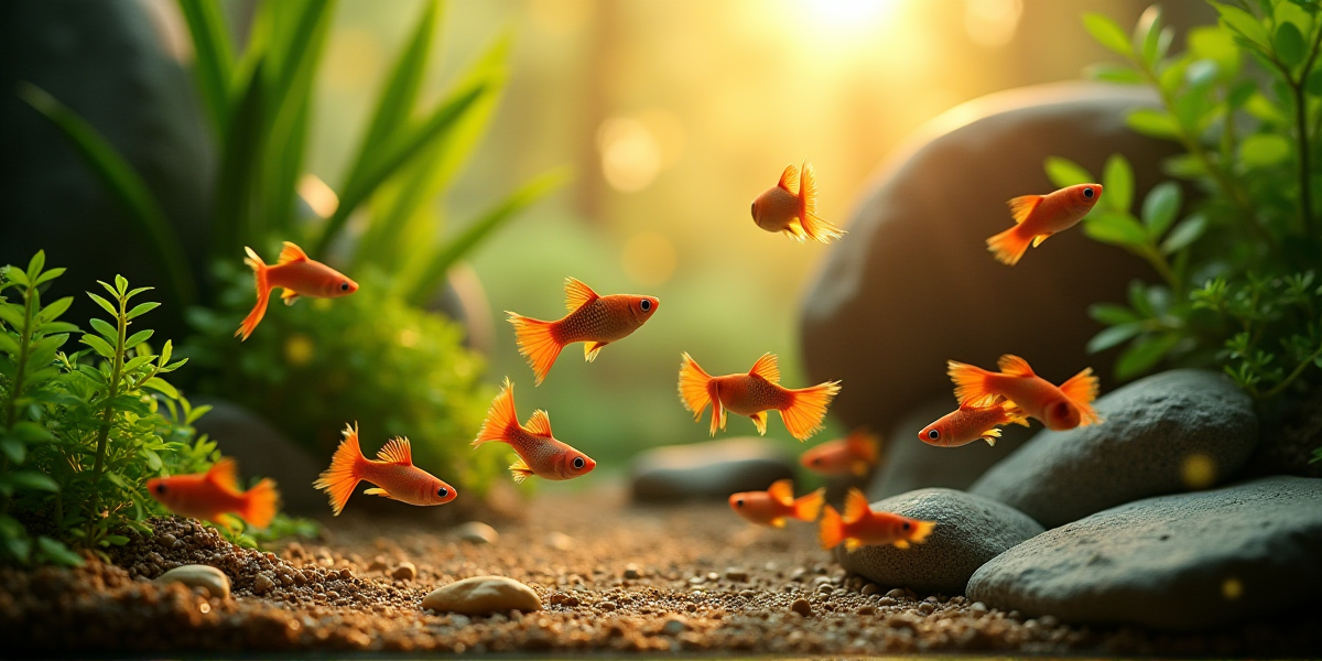 Оформленный аквариум для гуппи с фильтром и живыми растениями