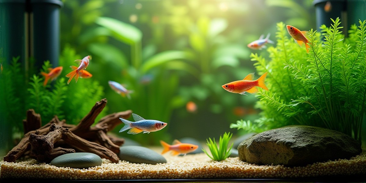 Гуппи плавают среди густых зарослей живых растений, идеальных для укрытия мальков