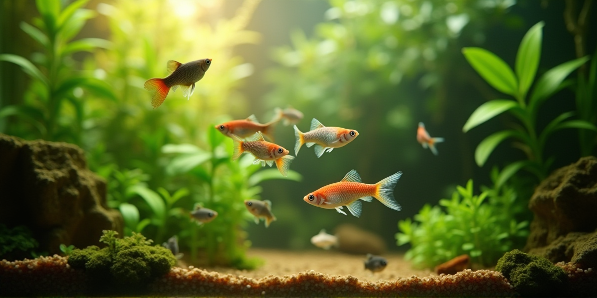 Кормление данио сухими хлопьями с поверхности воды