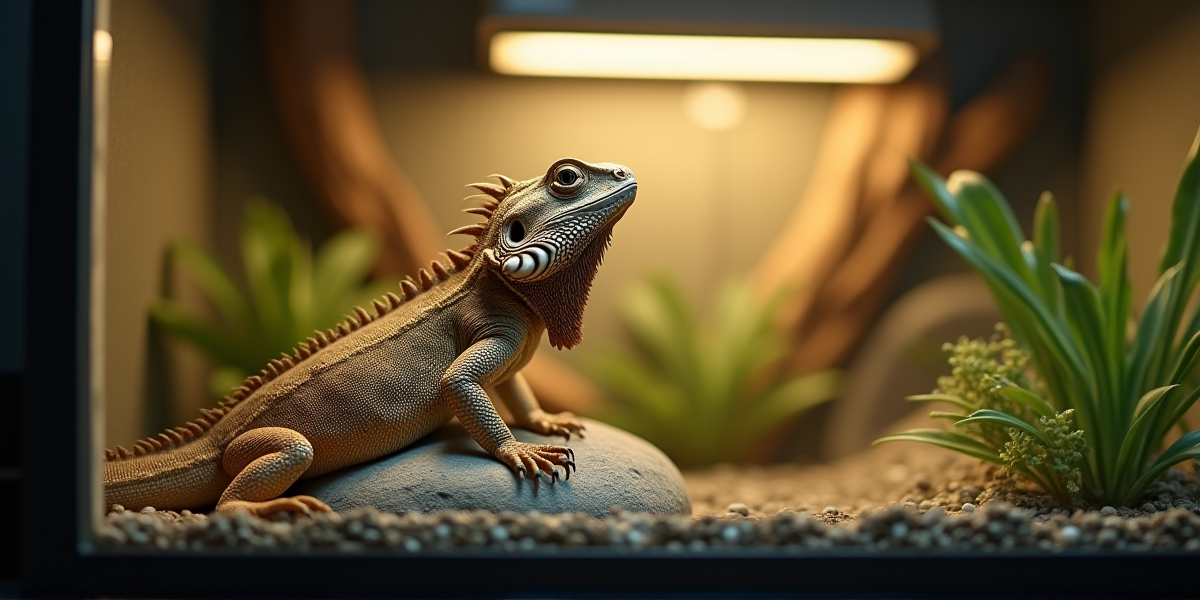 Взрослая бородатая агама в правильно оборудованном пустынном террариуме