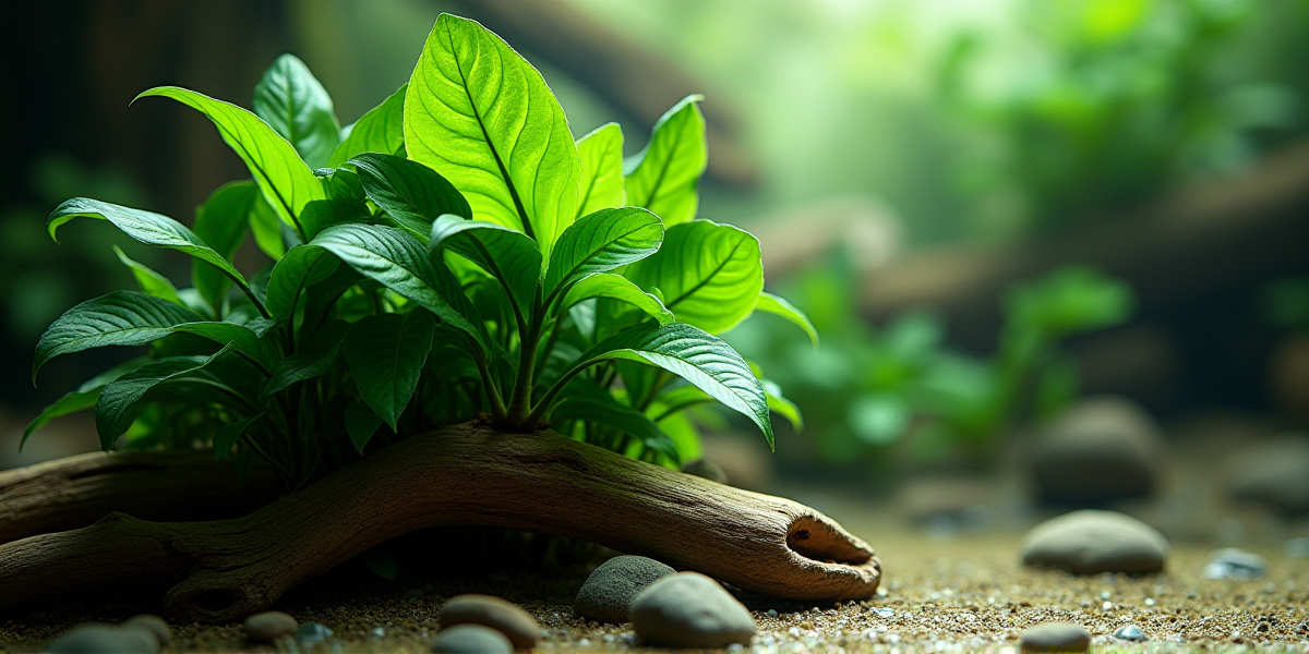 Пышный куст Анубиаса нана, закрепленный на мангровой коряге