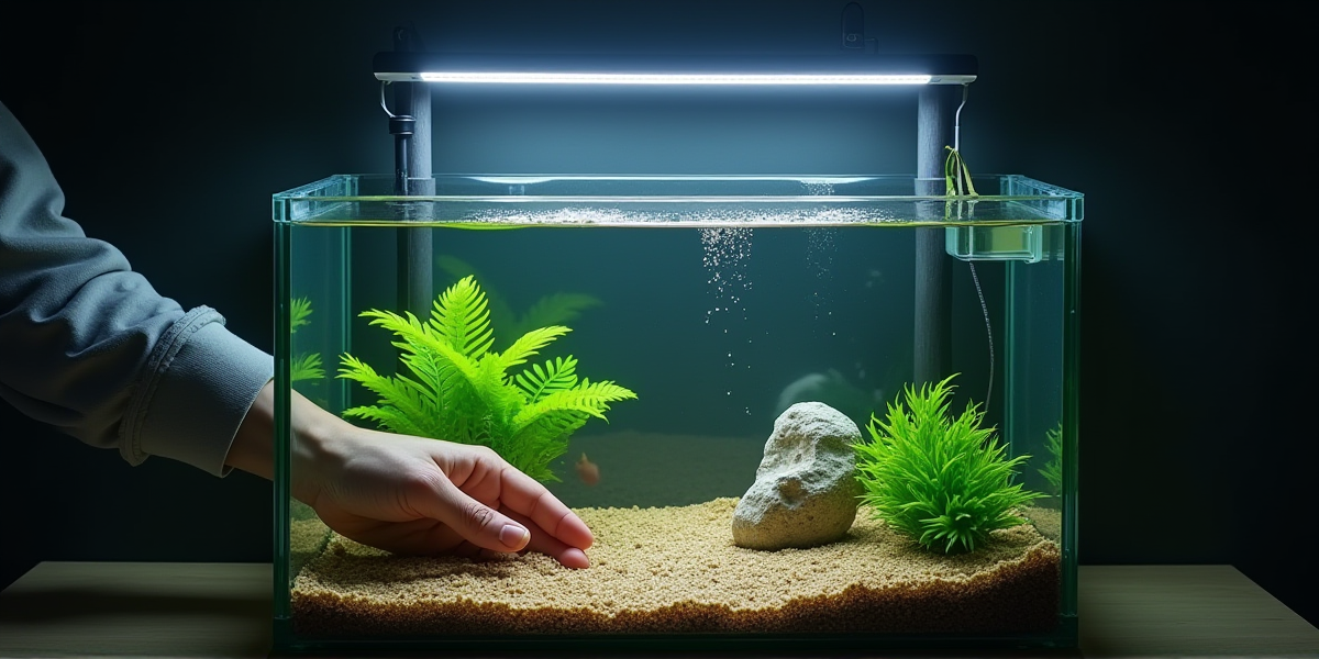 Счастливый владелец у своего нового запущенного аквариума