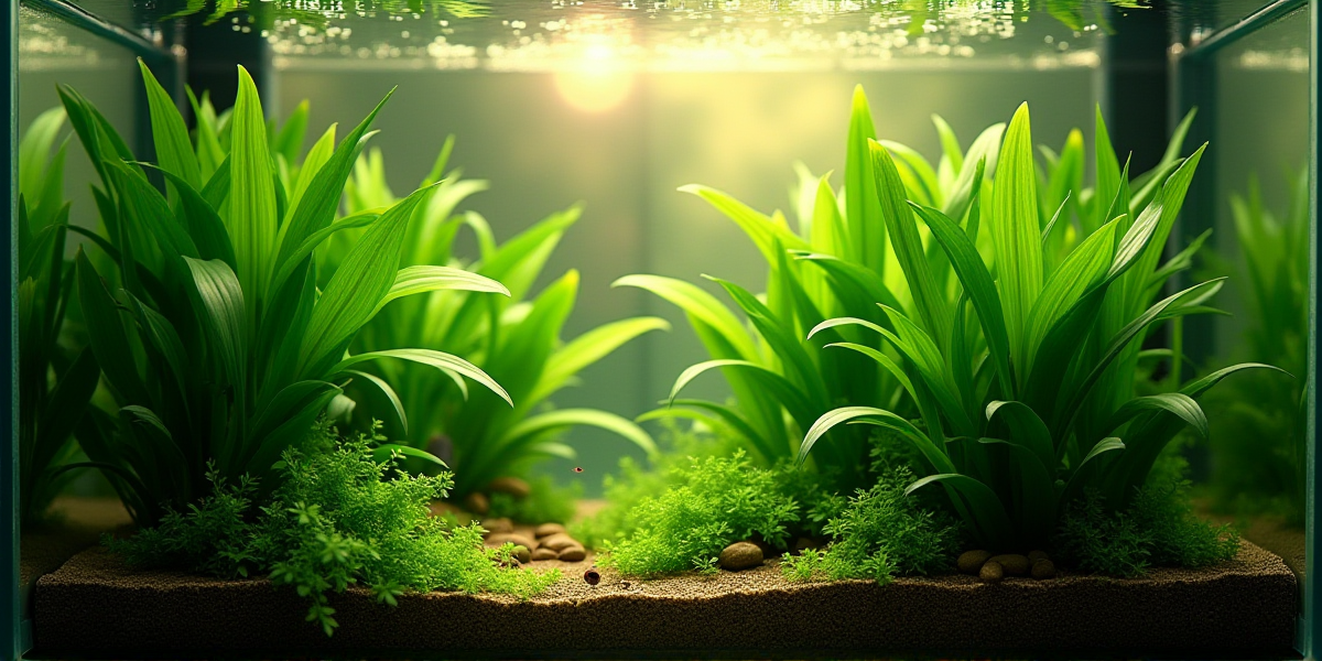 Густые заросли валлиснерии спиральной, создающие зеленый фон в аквариуме