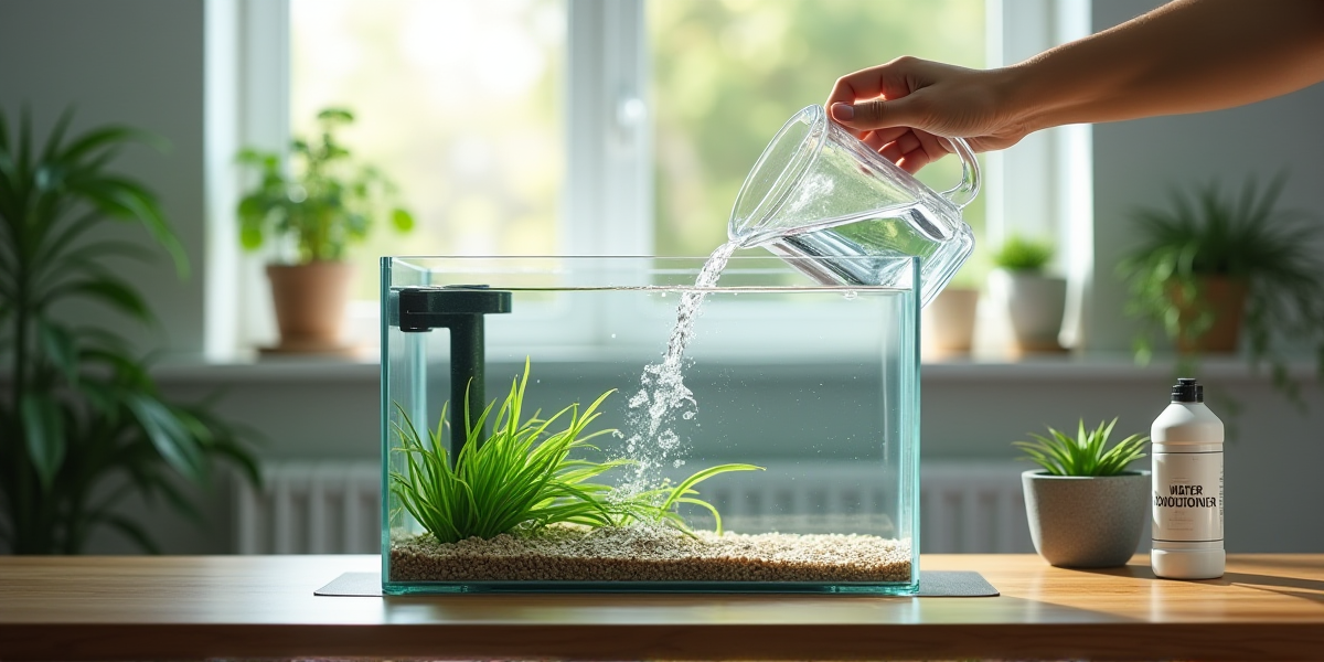 Аккуратный залив воды в аквариум через тарелку