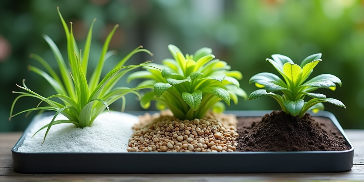 Сравнение трех основных типов грунта: окатанная речная галька, черный кварцевый песок и гранулированный питательный соил