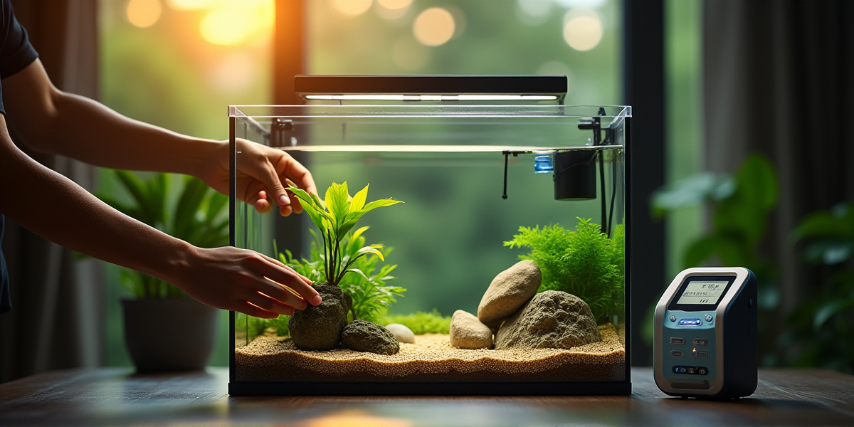 Красивый, запущенный аквариум с прозрачной водой и здоровыми растениями через 3 недели после старта