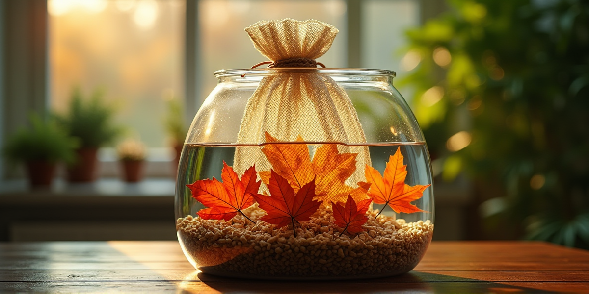 Дубовые листья и коряги в аквариуме