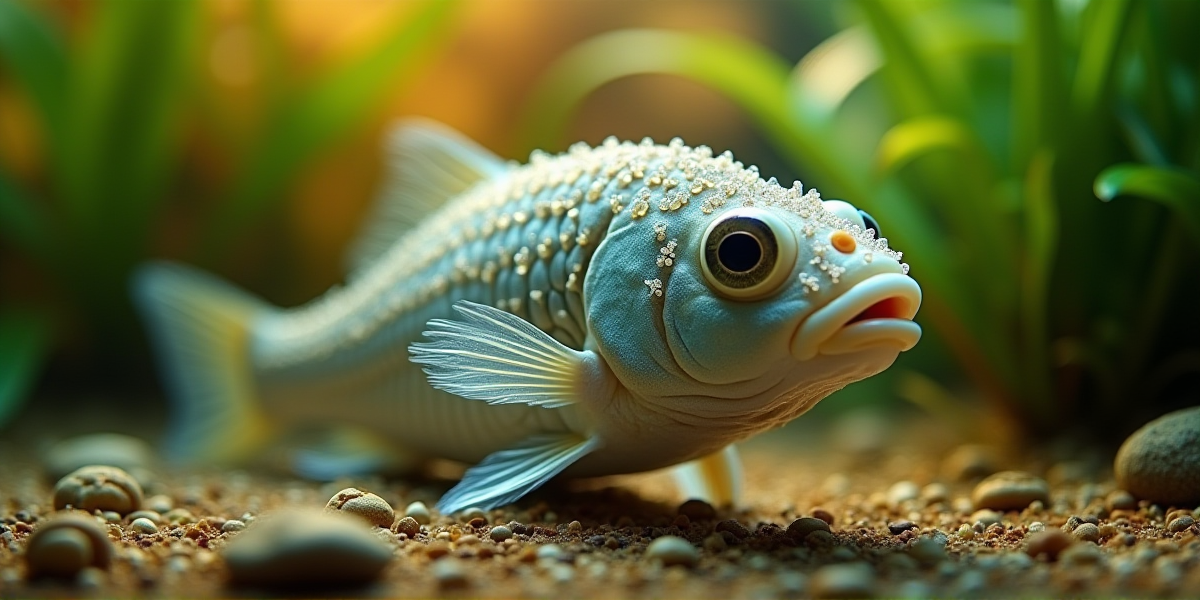 Крупный план рыбы, пораженной ихтиофтириозом: четко видны белые бугорки (пустулы) на плавниках и теле