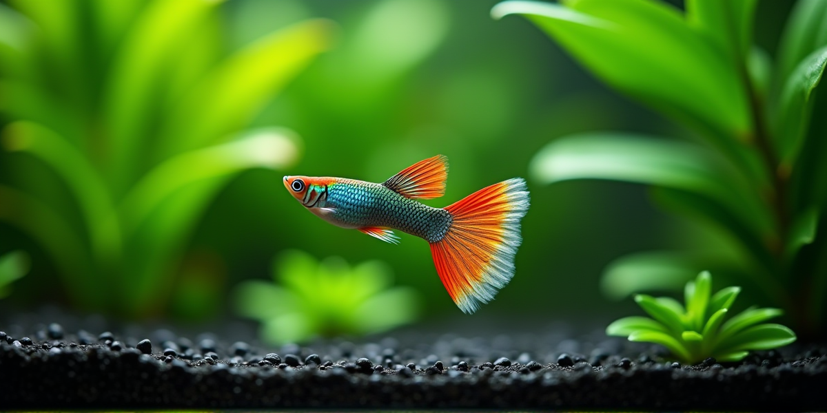 Яркая стайка самцов гуппи разных пород в аквариуме с живыми растениями