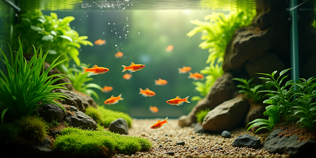 Правильно оформленный аквариум для гуппи с растениями и фильтром