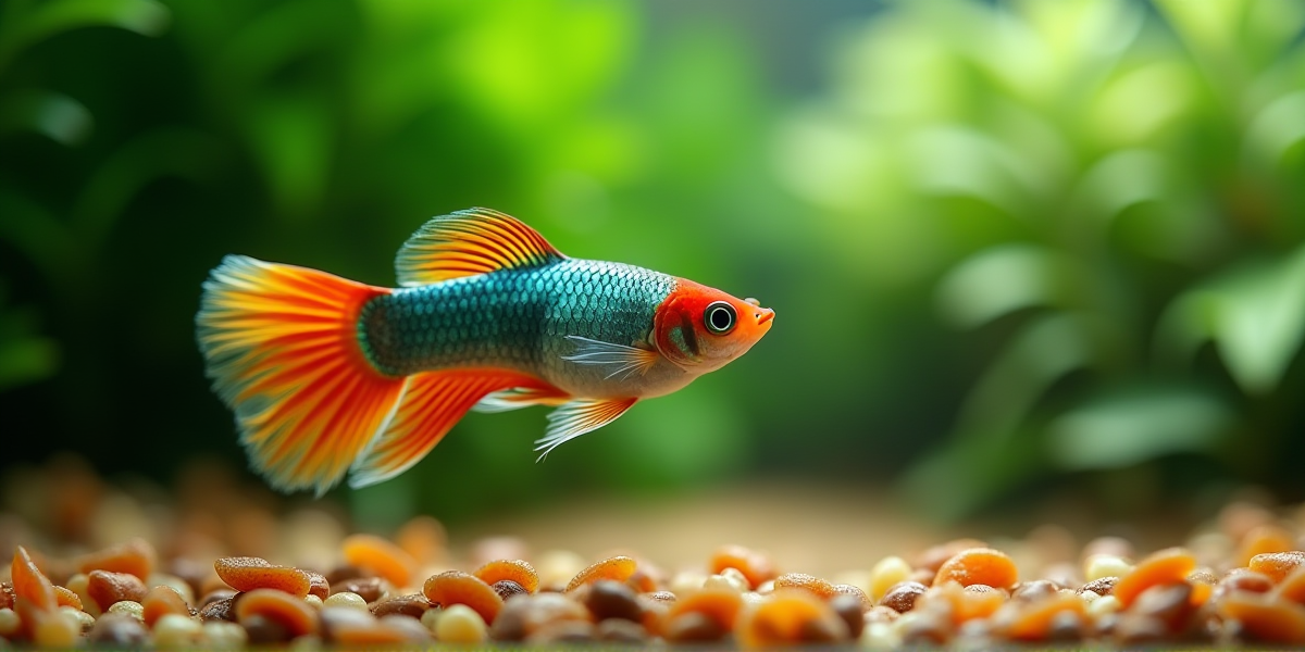 Мальки гуппи прячутся в зарослях риччии у поверхности воды