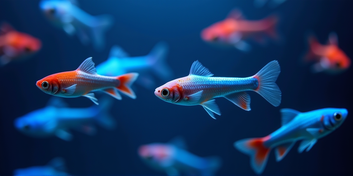 Завораживающая стая голубых и красных неонов в густо засаженном травнике с темным фоном