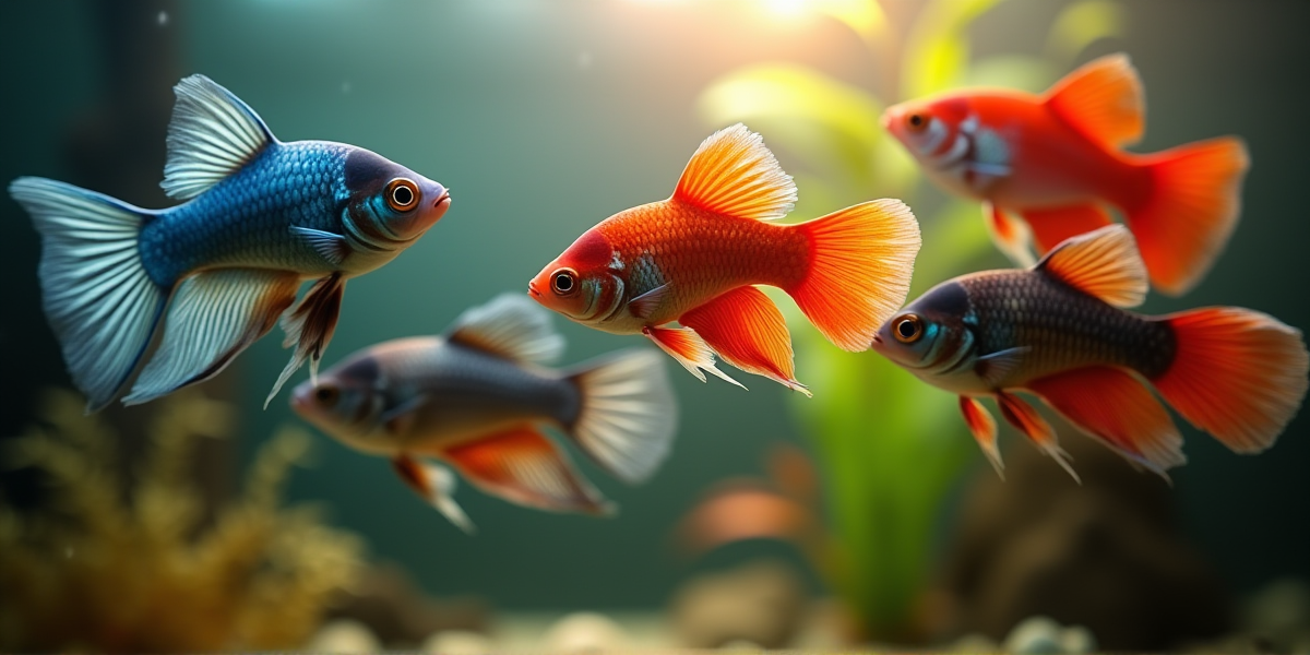 Кормление стаи неонов: рыбы активно хватают мелкий корм в толще воды