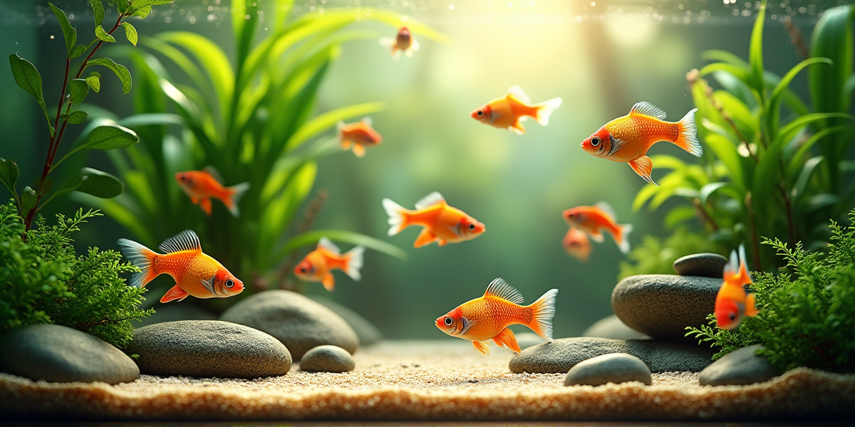 Кормление меченосцев сухими хлопьями в аквариуме