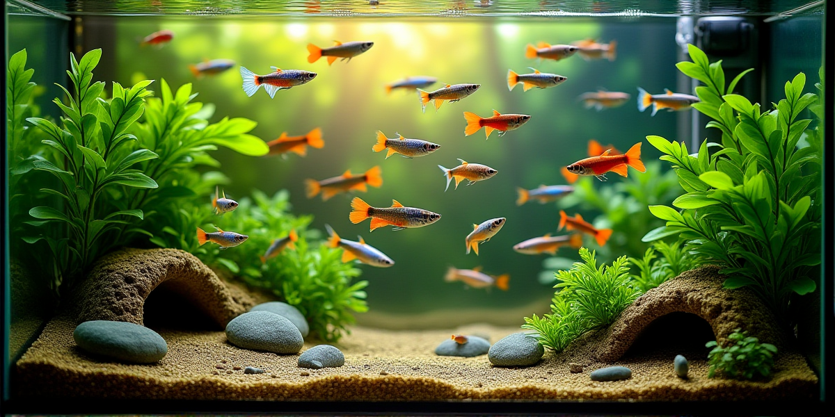 Мальки меченосцев прячутся в зарослях роголистника