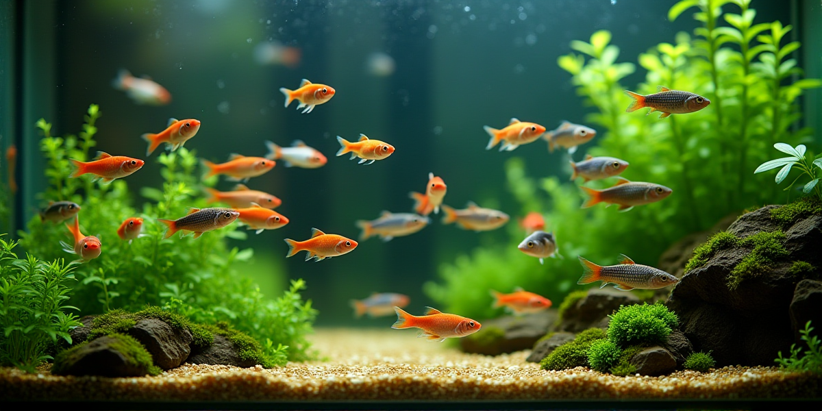 Стая разноцветных Глофиш в аквариуме с синей подсветкой