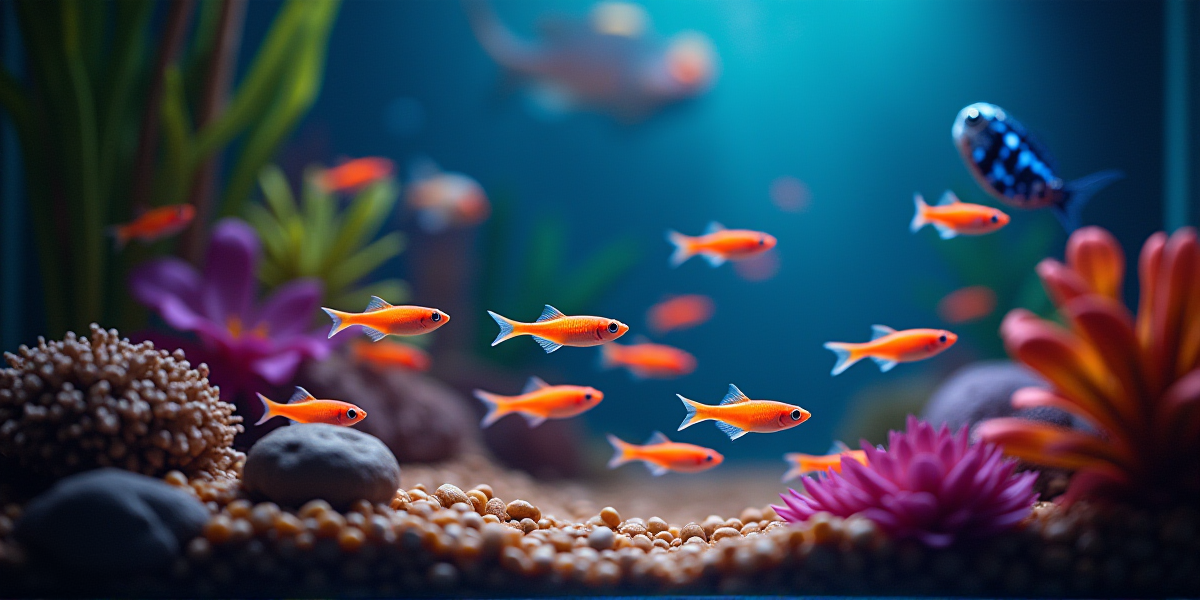 Стая разноцветных тернеций Глофиш (розовые, зеленые, оранжевые) в аквариуме с синей подсветкой
