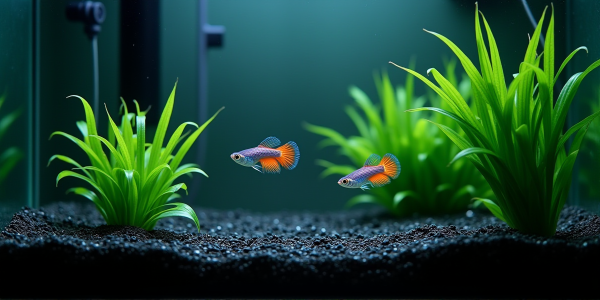 Пример оформления аквариума в стиле GloFish с черным грунтом и светящимися декорациями