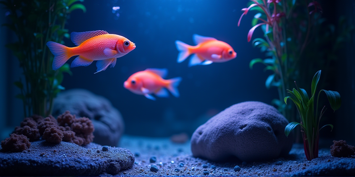 Процесс кормления стаи тернеций сухими хлопьями на поверхности воды