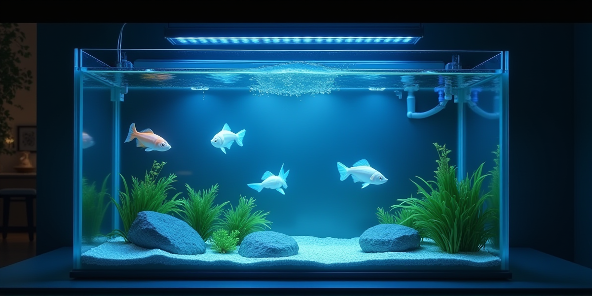 Счастливый ребенок наблюдает за светящимся аквариумом с тернециями GloFish