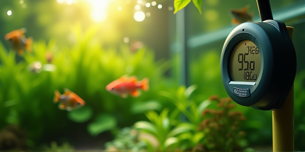 Классический стеклянный спиртовой термометр, закрепленный присоской на стекле внутри густо засаженного аквариума