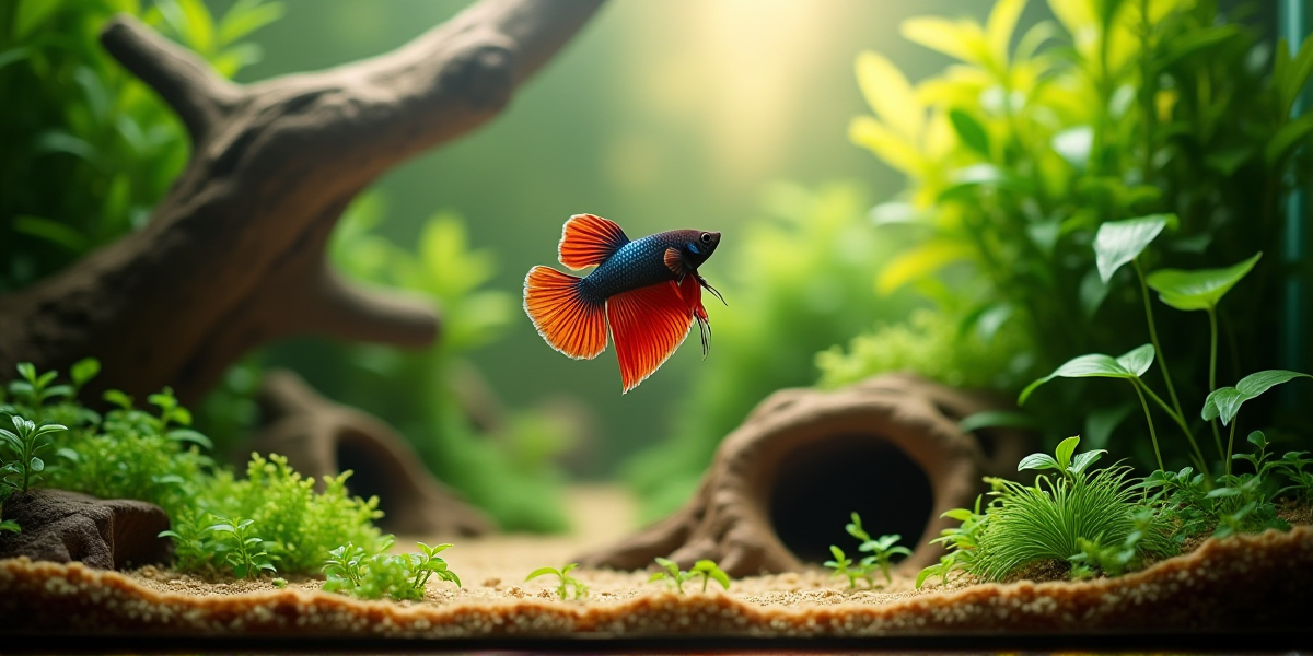 Великолепный самец петушка формы Halfmoon в аквариуме с живыми растениями