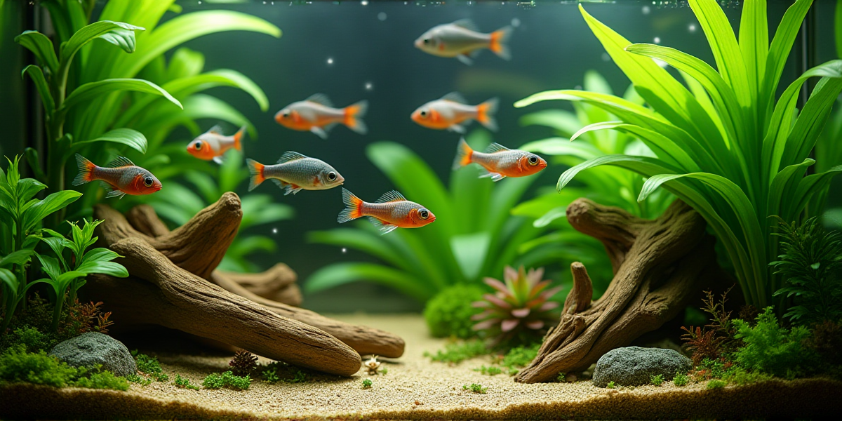 Оформленный аквариум с лялиусами и плавающими растениями