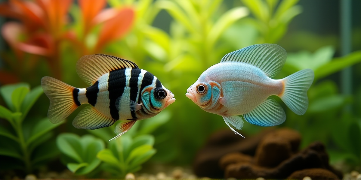 Пара жемчужных гурами в густо засаженном аквариуме