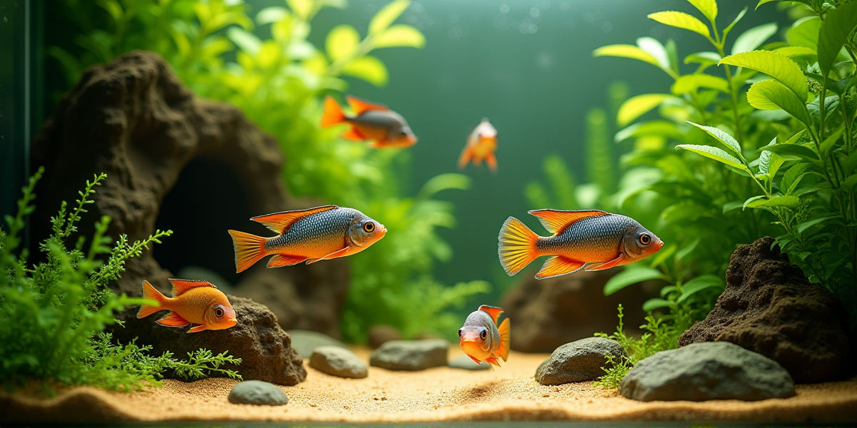 Яркие цихлиды Малави на фоне каменистого пейзажа аквариума