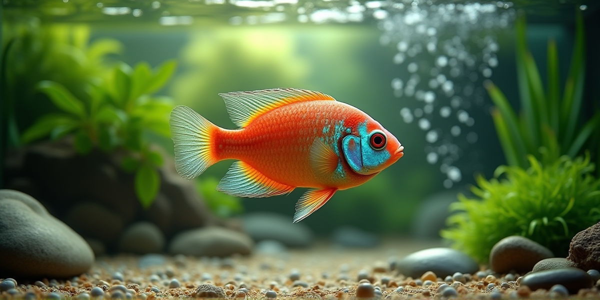 Красный попугай плавает рядом с Северумом и сомом Птеригоплихтом