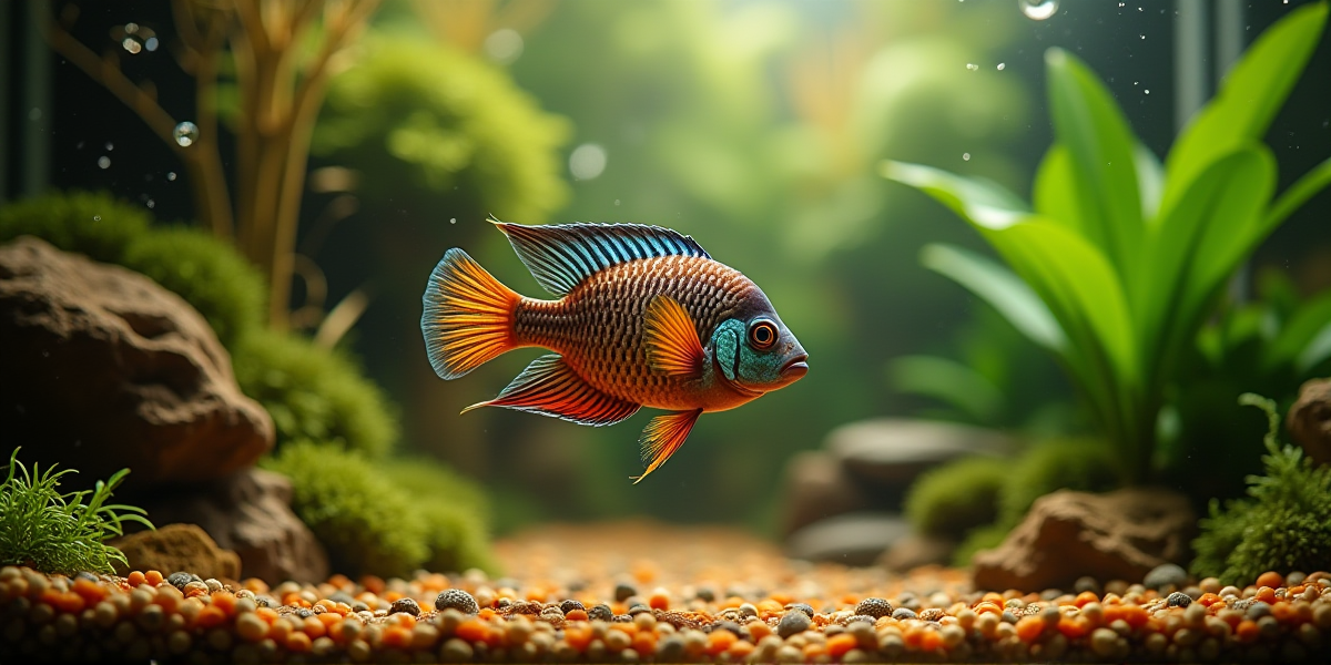 Красный попугай поедает специальные тонущие гранулы для усиления цвета