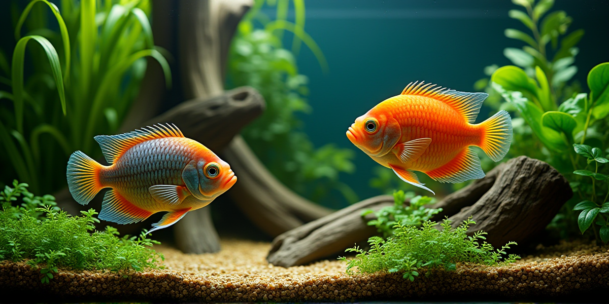 Сравнение форм Рамирези: Electric Blue и Gold в одном аквариуме