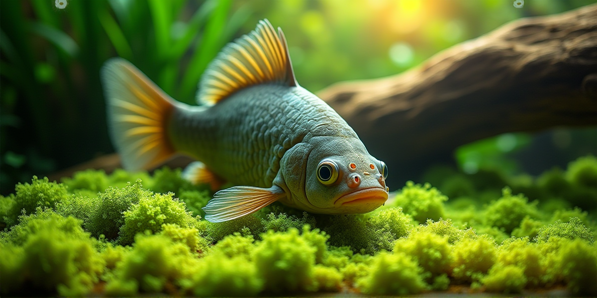 Взрослый самец анциструса с ветвистыми выростами на морде, сидящий на листе