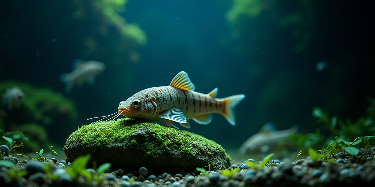 Анциструсы едят кружок свежего огурца на дне аквариума