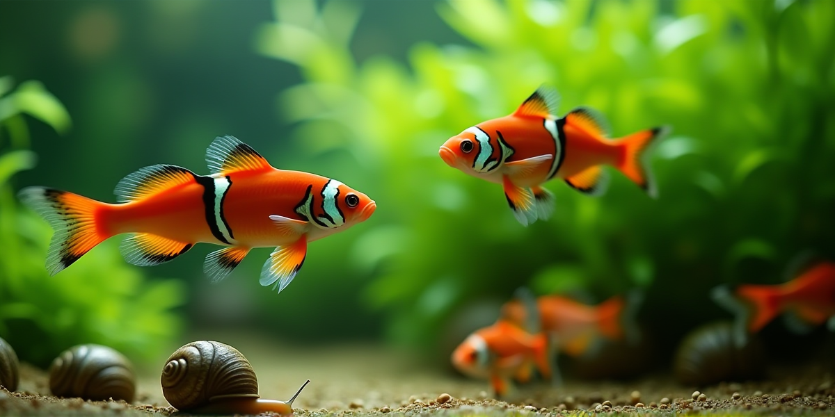 Стая Боций клоунов в аквариуме с корягами