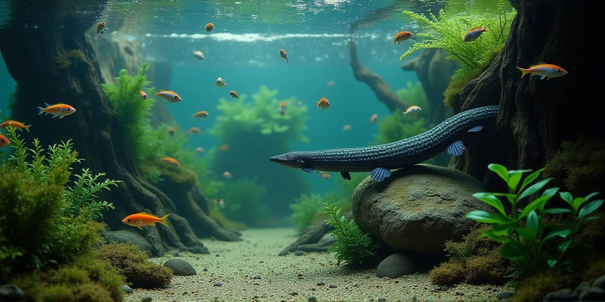 Акантофтальмус поедает тонущую таблетку в окружении улиток