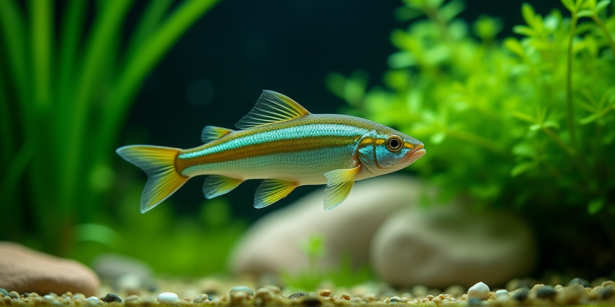 Здоровый и яркий акантофтальмус на фоне аквариумной зелени